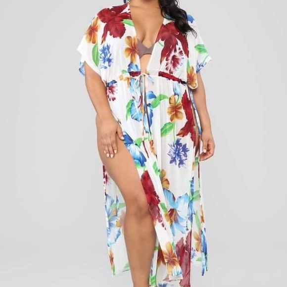 Fashion Nova Other - Fashion Nova White Floral Swim Coverup with Red, Blue & Green Accents